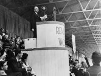 Buchman addressing BIF mass demonstration, 1938